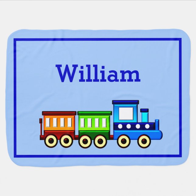 Soft Blue Train Baby Boy Add Change Name Blanket (Horizontal)