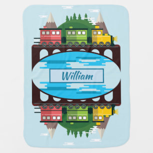 Soft Blue Train Mountain Baby Boy Add Change Name Blanket