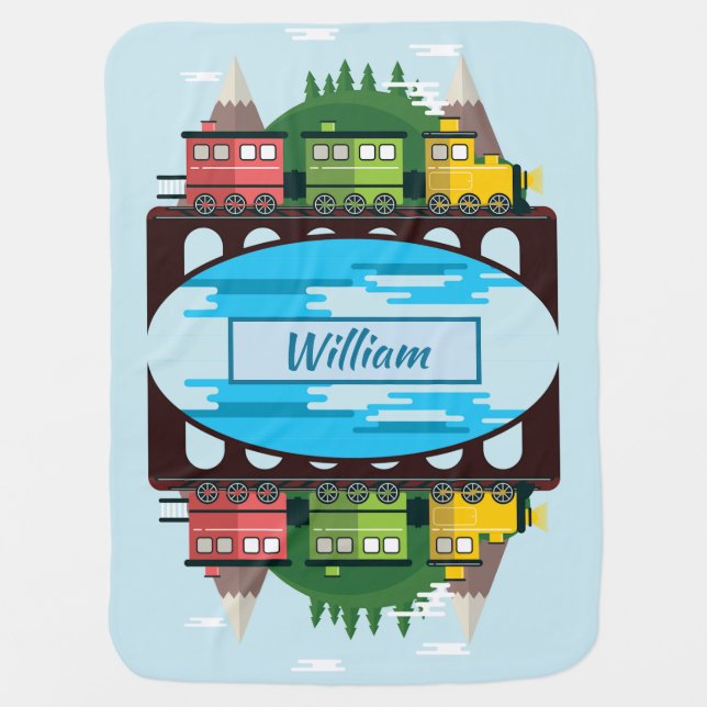 Soft Blue Train Mountain Baby Boy Add Change Name Blanket (Front)