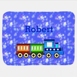 Soft Blue Train & Stars Baby Boy Add Change Name Blanket