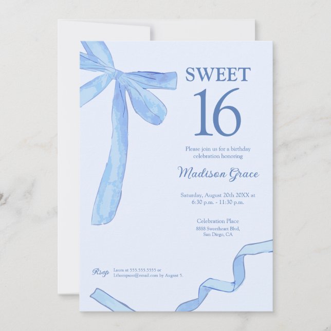 Soft Blue trendy Bow Ribbon Coquette Sweet 16  Invitation (Front)