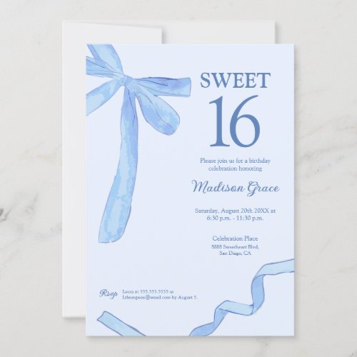 Soft Blue trendy Bow Ribbon Coquette Sweet 16  Invitation