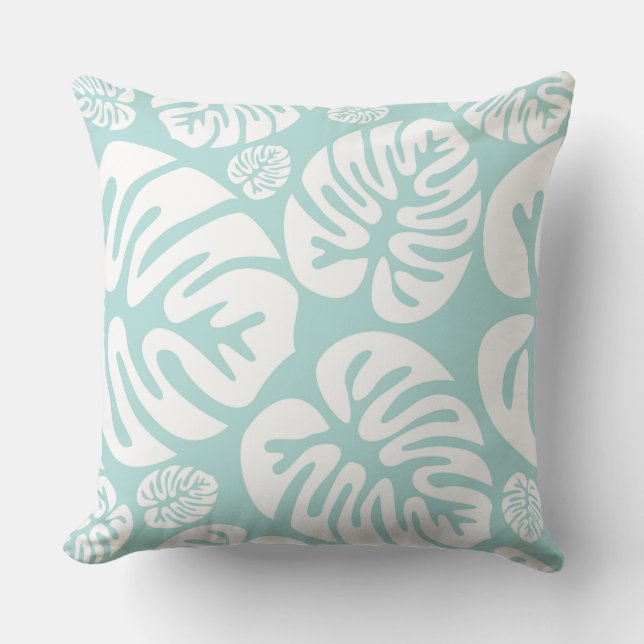 Soft Blue Tropical Leafy Hawaiian Pillow (Front)