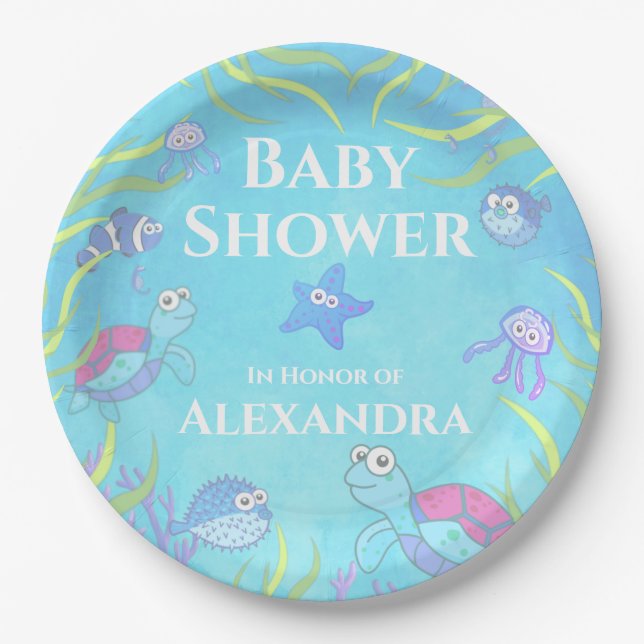 Soft Blue Under the Sea Boy Baby Shower  Paper Pla Plates (Front)