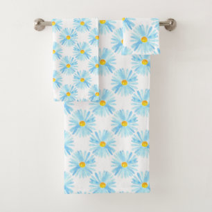Soft Blue Watercolor Aster Pattern Bath Towel Set