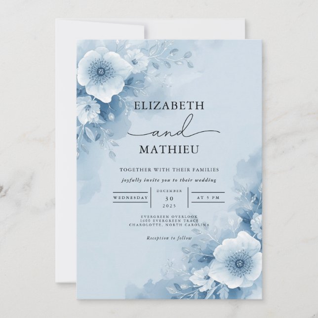 Soft Blue Watercolor Floral Wedding Invitation (Front)