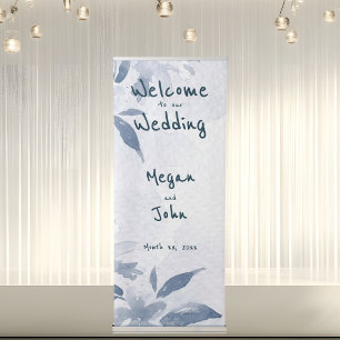 Soft Blue Watercolor Leaves Wedding Retractable Banner