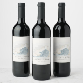 Soft Blue Watercolor Ocean Wave Beach Wedding Wine Label
