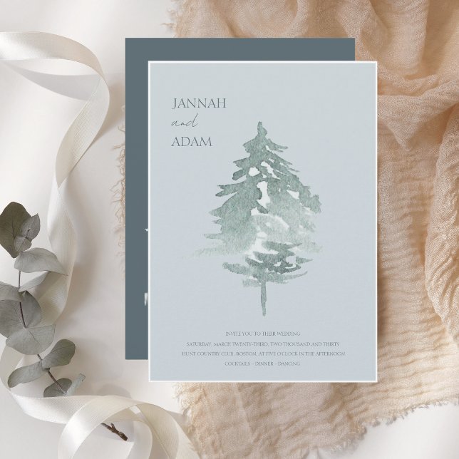 Soft Blue Watercolor Pine Tree Wedding Invitation (Creator Uploaded)