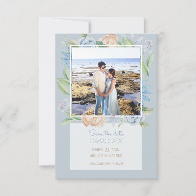 Soft Blue Watercolor Sketched Floral Save The Date (Front)
