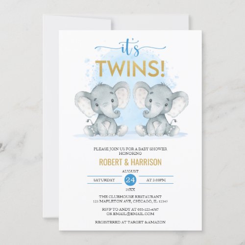 Soft Blue Watercolor Twins Elephant Baby Shower Invitation