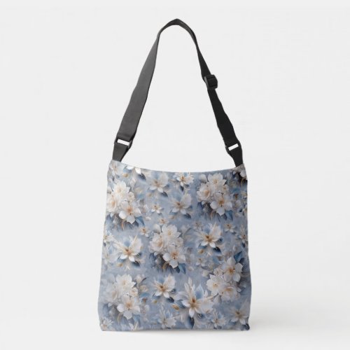 Soft Blue White and Gold Flowers on Silk Crossbody Bag