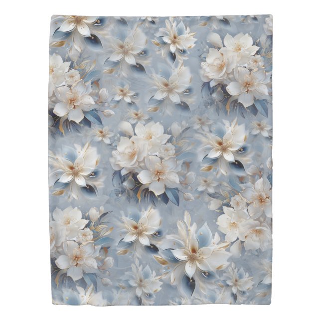 Soft Blue, White and Gold Flowers on Silk Duvet Cover (Front)