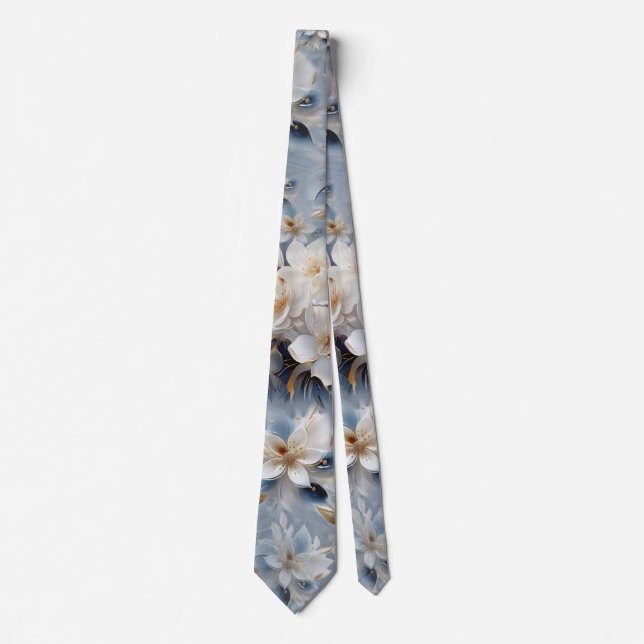 Soft Blue, White and Gold Flowers on Silk Neck Tie (Front)