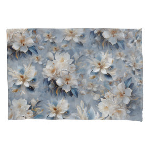 Soft Blue, White and Gold Flowers on Silk Pillow Case