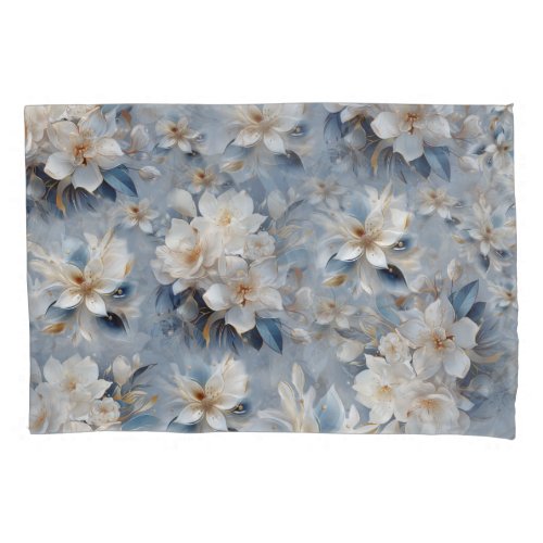 Soft Blue White and Gold Flowers on Silk Pillow Case