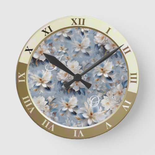 Soft Blue White and Gold Flowers on Silk Round Clock