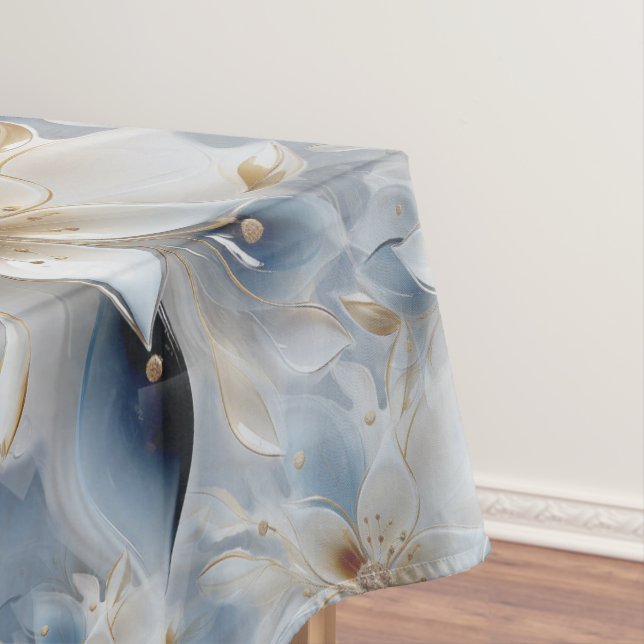 Soft Blue, White and Gold Flowers on Silk Tablecloth (In Situ)