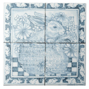 Soft Blue & White Antique Look Bunny Rabbit Basket Ceramic Tile