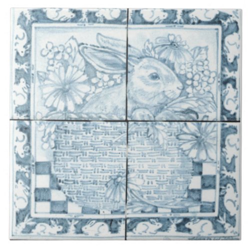 Soft Blue  White Antique Look Bunny Rabbit Basket Ceramic Tile