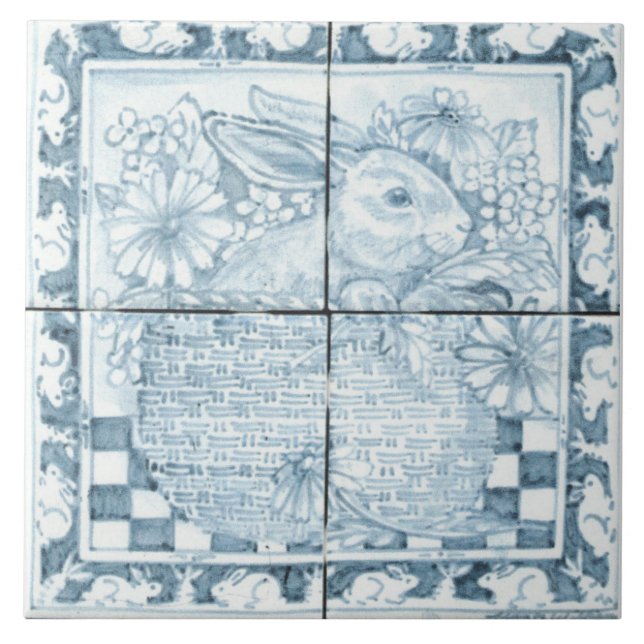 Soft Blue & White Antique Look Bunny Rabbit Basket Ceramic Tile (Front)