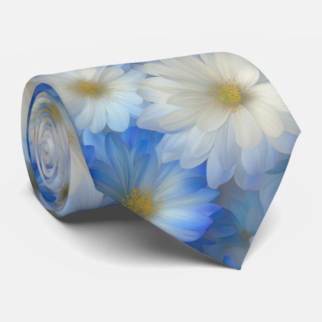 Soft Blue White Daisy Pattern Neck Tie (Rolled)