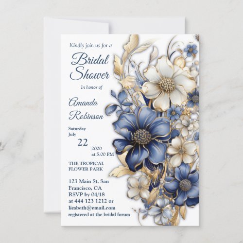 Soft Blue White Flowers  Gold Etches  Invitation