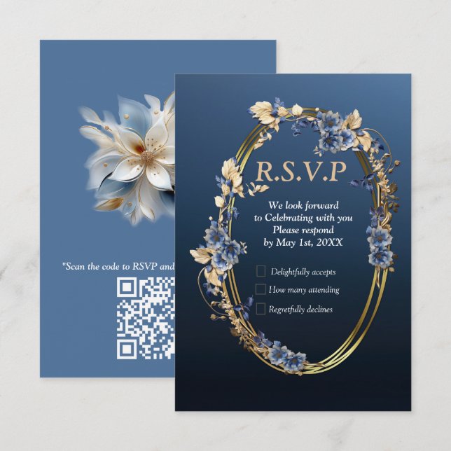 Soft Blue, White Flowers & Gold frame decor RSVP Card (Front/Back)