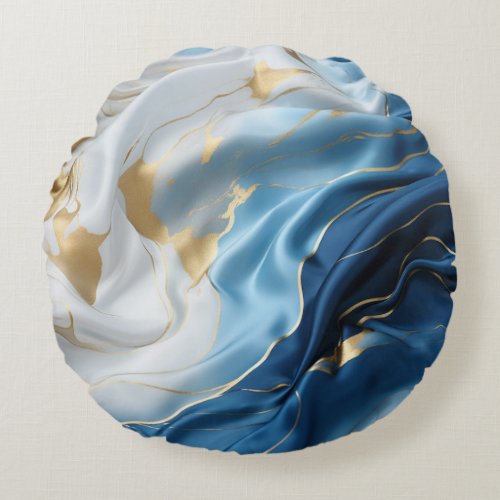 Soft Blue White Marble with Gold Round Pillow