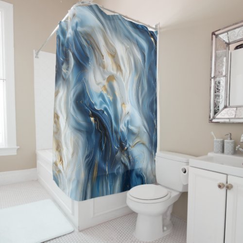 Soft Blue White Marble with Gold Shower Curtain