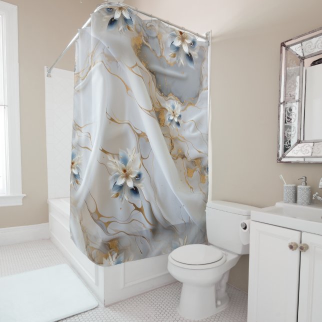 Soft Blue White Marble with Gold Shower Curtain (In Situ)