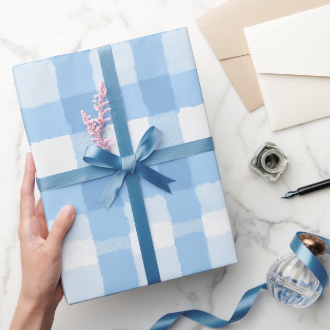 Soft Blue White Summer Gingham Cloud Plaid Pattern Wrapping Paper (Gifting)