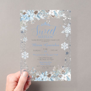 Soft Blue Winter Floral Christmas Sweet Sixteen Acrylic Invitations