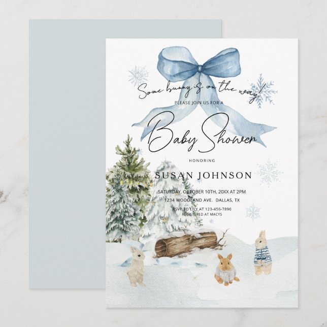 Soft Blue Winter Wonderland Bunny Bow Baby Shower Invitation (Front/Back)