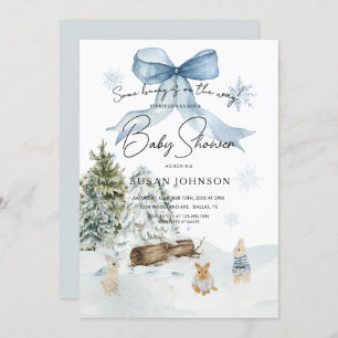 Soft Blue Winter Wonderland Bunny Bow Baby Shower Invitation