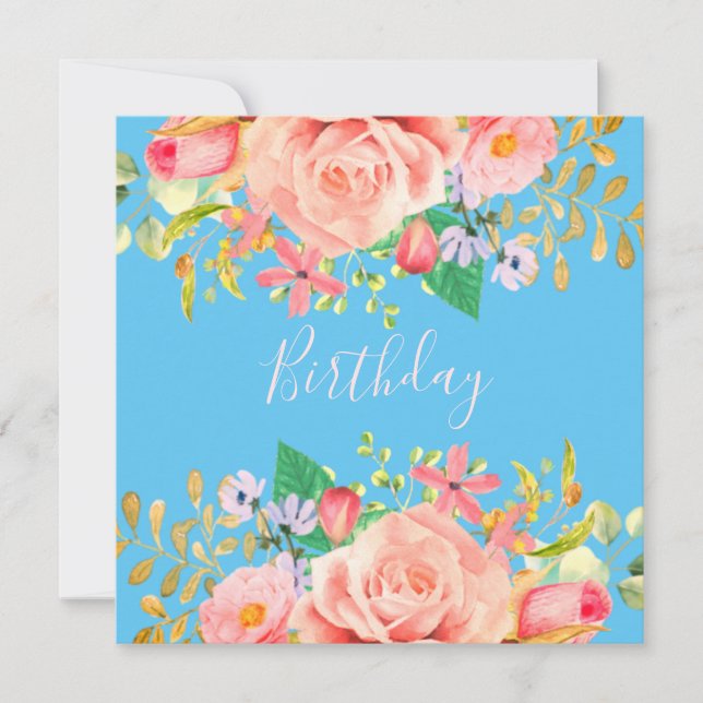 Soft blue with flowers Birthday party Invitation (Front)