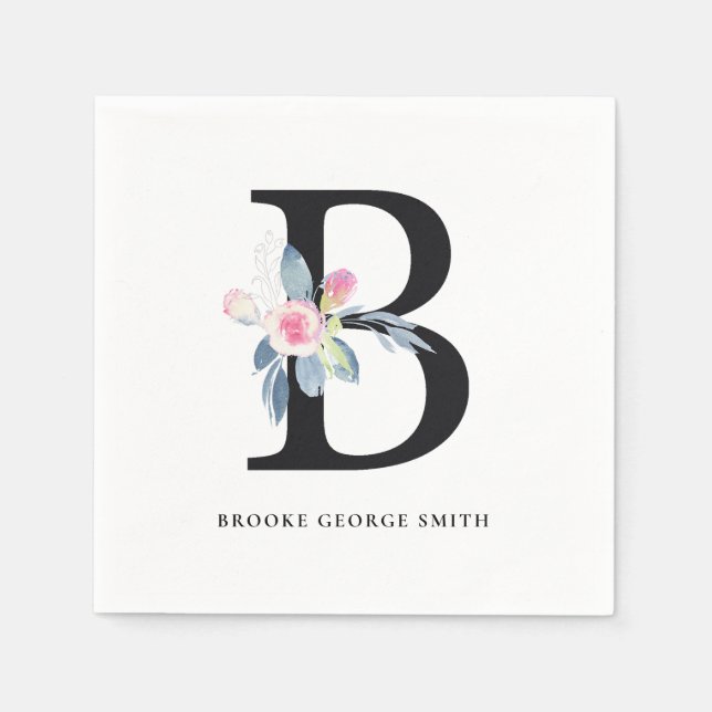 SOFT BLUSH BLUE BLACK FLORAL ALPHABETS LETTER B NAPKINS (Front)