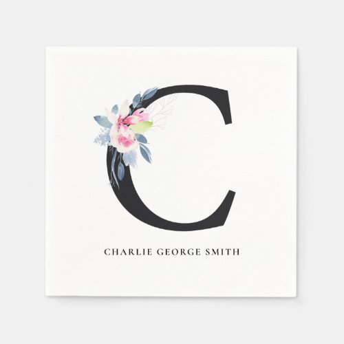 SOFT BLUSH BLUE BLACK FLORAL ALPHABETS LETTER C NAPKINS