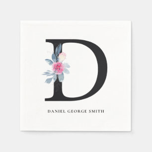 SOFT BLUSH BLUE BLACK FLORAL ALPHABETS LETTER D NAPKINS