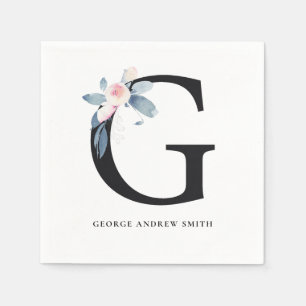 SOFT BLUSH BLUE BLACK FLORAL ALPHABETS LETTER G NAPKINS