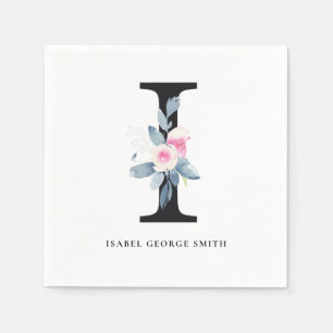 SOFT BLUSH BLUE BLACK FLORAL ALPHABETS LETTER I NAPKINS