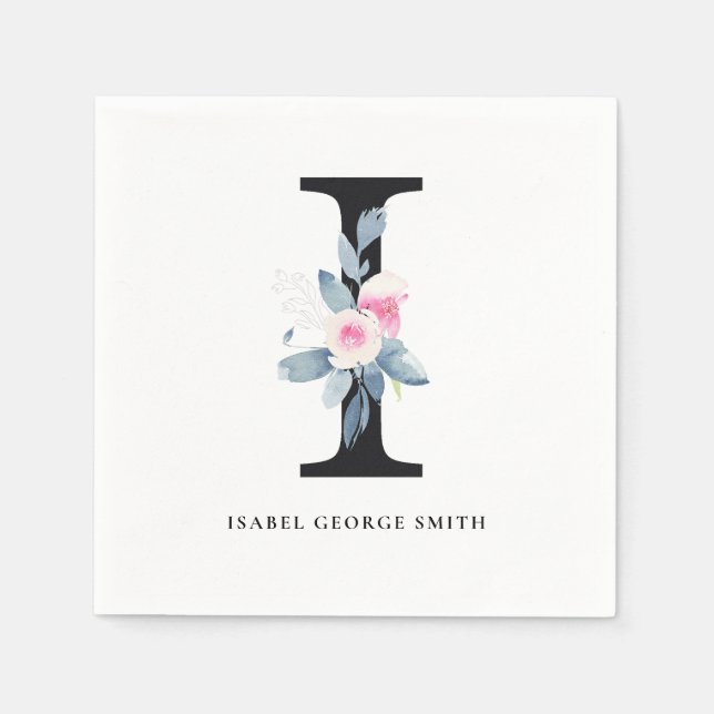 SOFT BLUSH BLUE BLACK FLORAL ALPHABETS LETTER I NAPKINS (Front)