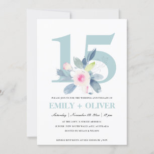 SOFT BLUSH BLUE FLORAL 15TH ANY YEAR ANNIVERSARY INVITATION