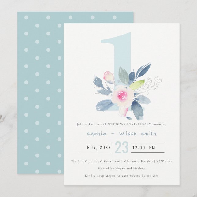 SOFT BLUSH BLUE FLORAL 1st ANY YEAR ANNIVERSARY Invitation (Front/Back)