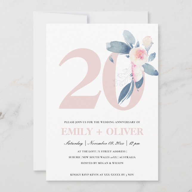 SOFT BLUSH BLUE FLORAL 20TH ANY YEAR ANNIVERSARY INVITATION (Front)
