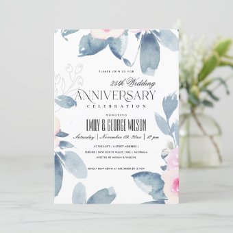 SOFT BLUSH BLUE FLORAL 25th ANY YEAR ANNIVERSARY Invitation | Zazzle