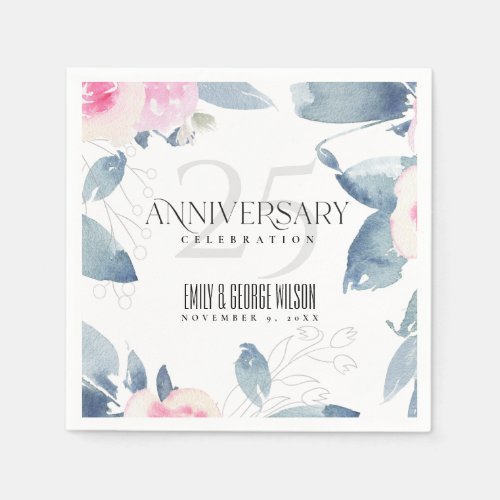 SOFT BLUSH BLUE FLORAL 25TH ANY YEAR ANNIVERSARY NAPKINS