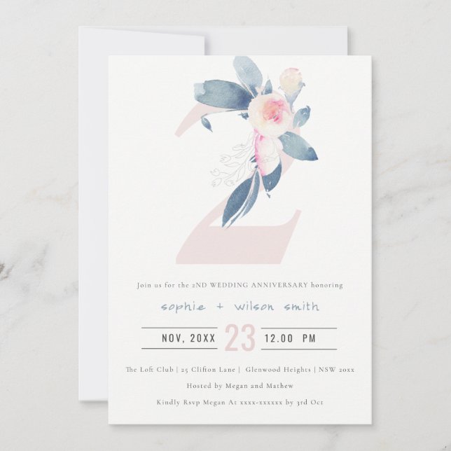 SOFT BLUSH BLUE FLORAL 2ND ANY YEAR ANNIVERSARY INVITATION (Front)