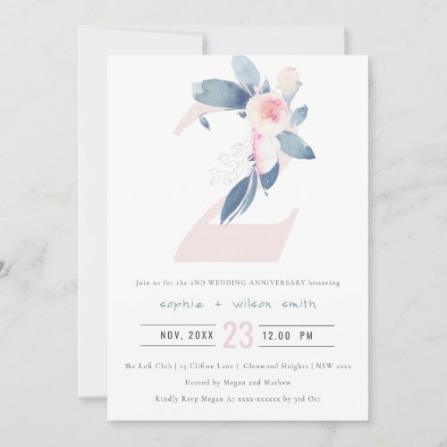 SOFT BLUSH BLUE FLORAL 2ND ANY YEAR ANNIVERSARY INVITATION