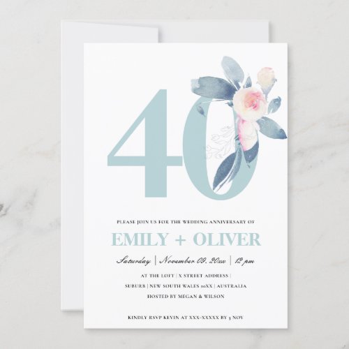 SOFT BLUSH BLUE FLORAL 40TH ANY YEAR ANNIVERSARY INVITATION